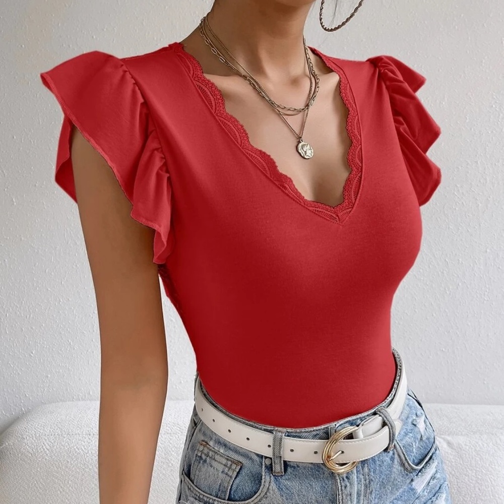 Boho Floral Lace Ruffle Sleeve Open Back Bodysuit - Picture 5 of 11